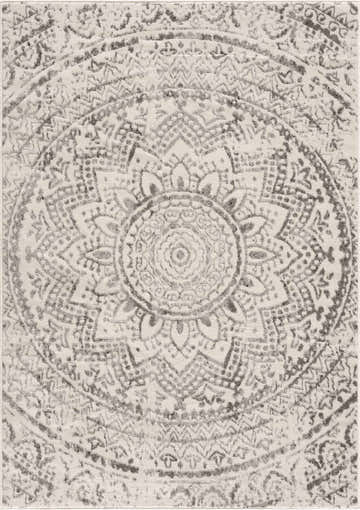 Close up of the Tadcaster Area Rug featuring a gray, mandala-inspired oriental pattern. Design-Rectangle-57