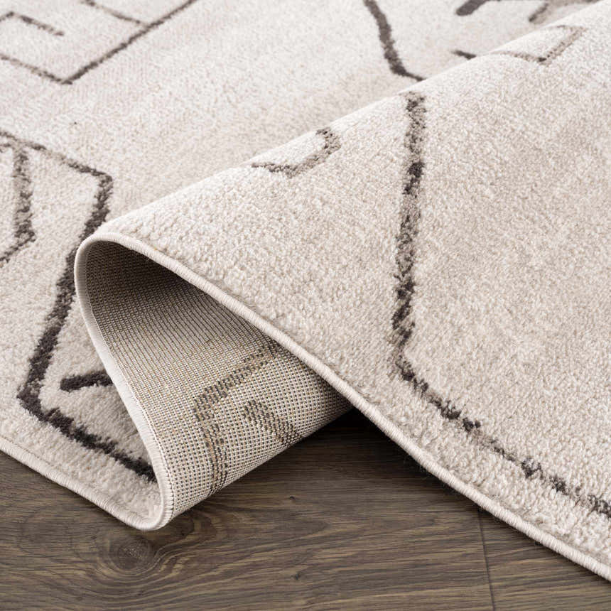 Close-up of the Azzan Cream & Charcoal Area Rug showing its geometric Southwestern design and soft, textured pile. Fold