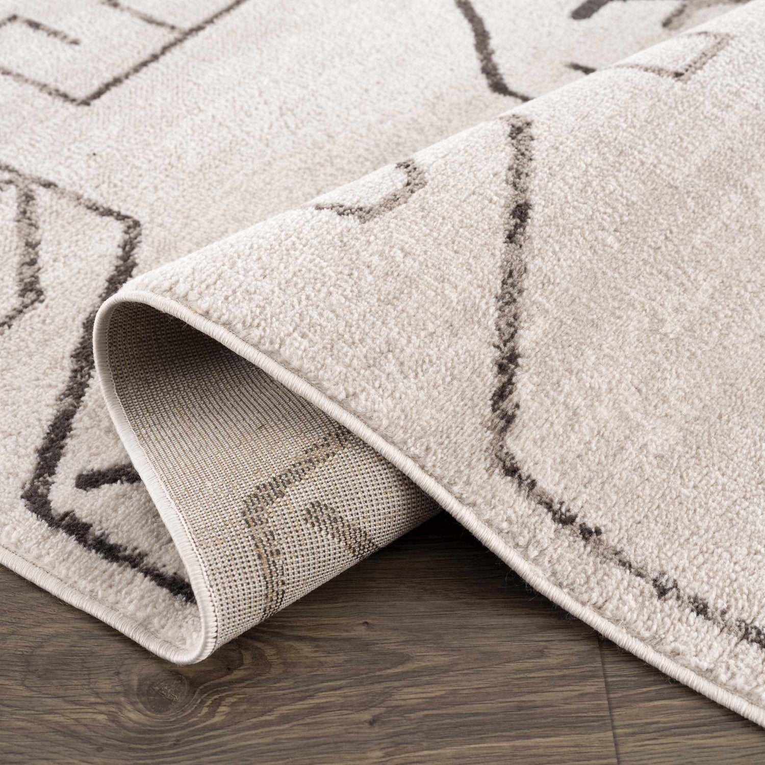 Close-up of the Azzan Cream & Charcoal Area Rug showing its geometric Southwestern design and soft, textured pile. Fold