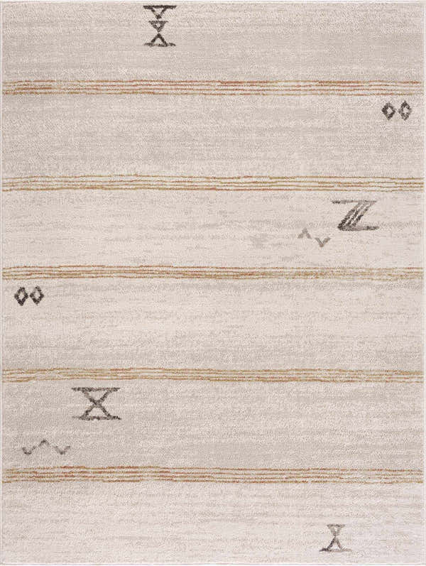 Close-up of the Deja Cream & Gold Area Rug featuring a cream base with gold stripes and geometric shapes. Bohemian style. Design-Rectangle-46
