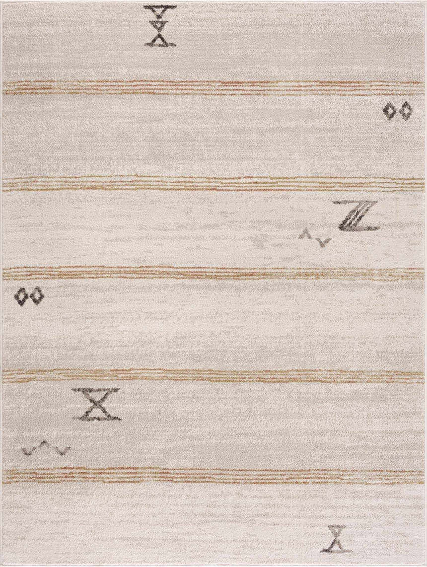 Close-up of the Deja Cream & Gold Area Rug featuring a cream base with gold stripes and geometric shapes. Bohemian style. Design-Rectangle-46