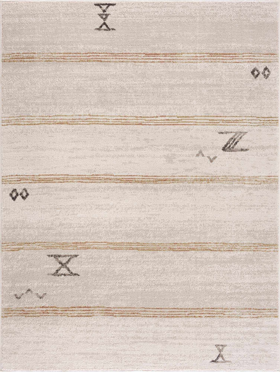 Close-up of the Deja Cream & Gold Area Rug featuring a cream base with gold stripes and geometric shapes. Bohemian style. Design-Rectangle-46