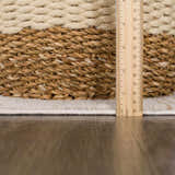Close-up of the Deja Cream & Gold Area Rug showing texture and pile height with a ruler for scale. Pile
