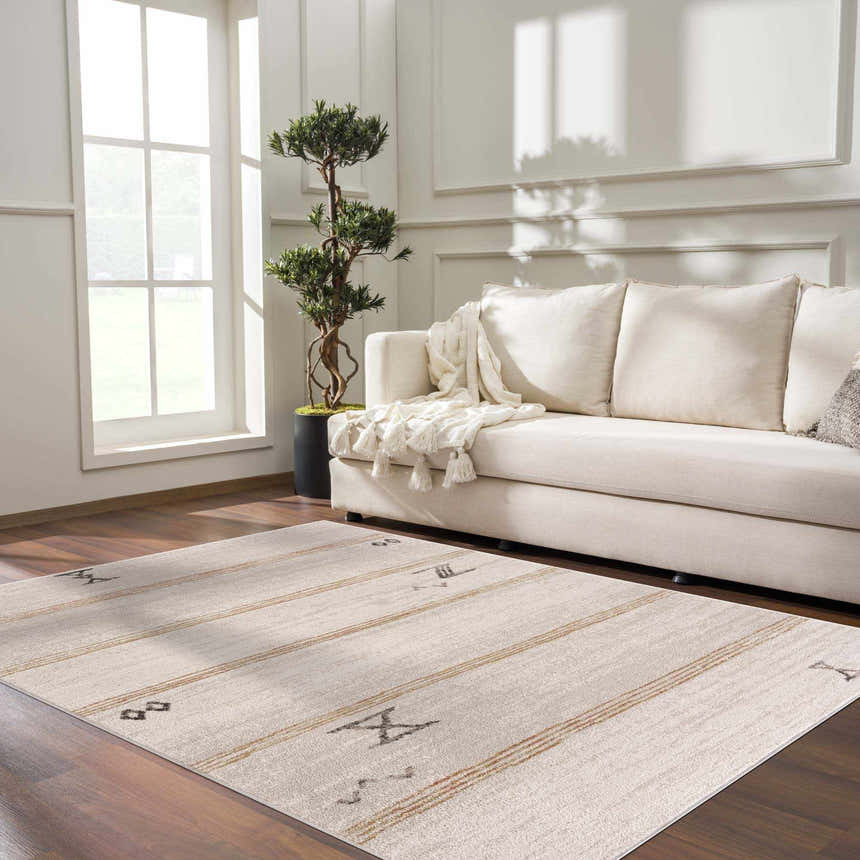 Living room scene with a cream sofa and the Deja Cream & Gold Area Rug featuring a subtle bohemian design on a dark wood floor. Roomscene-Rectangle