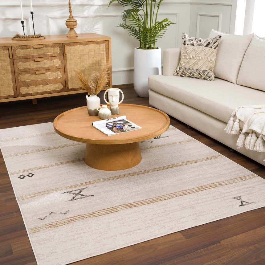 Living room scene with a Deja Cream & Gold Area Rug, wood furniture, and neutral decor. Modern bohemian style. Roomscene-Rectangle