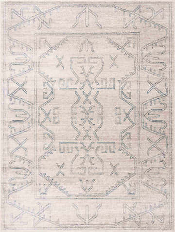 Close-up of Divya Cream & Silver Blue Area Rug featuring a geometric Southwestern-inspired pattern. Cream background with blue accents. Design-Rectangle-46