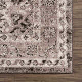 Close-up of Albie Charcoal & Beige Area Rug showing its traditional floral pattern, soft texture, and neutral color palette. Swatch