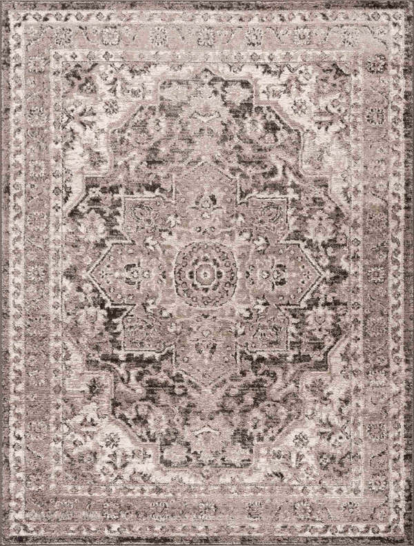 Close-up of the Albie Charcoal & Beige Area Rug, featuring a traditional medallion pattern and distressed texture. Design-Rectangle-46