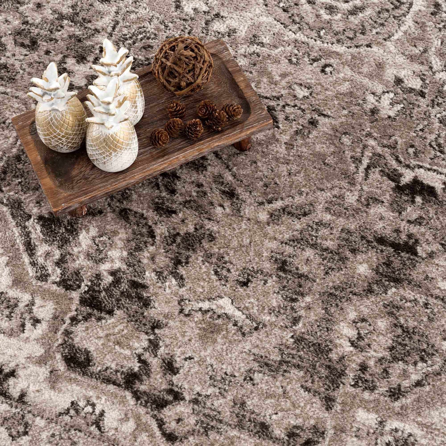 Close-up of the Albie Charcoal & Beige Area Rug, showcasing its traditional pattern, neutral colors, and soft, textured weave. Styleshot