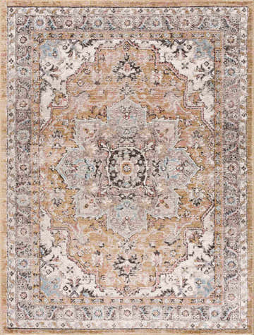 Close-up of the Albie Gold & Beige Area Rug. Features a traditional vintage design with beige, gold, and blue floral patterns. Design-Rectangle-46
