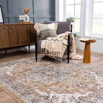 Living room scene with Albie Gold & Beige Area Rug, gray chair with throw, and wood cabinet. Neutral colors create a cozy mood. Roomscene-Rectangle