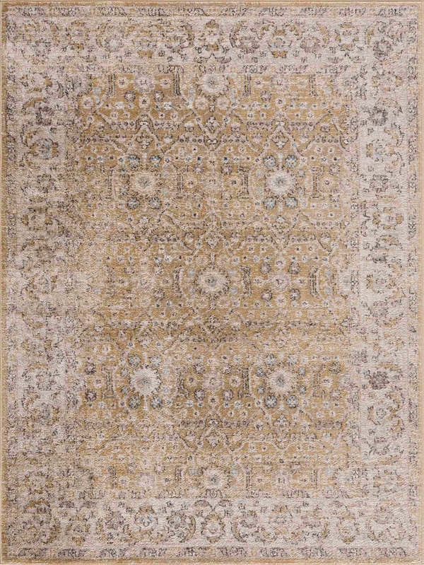 Close-up of the Anana Gold & Beige Area Rug, featuring a traditional, floral-inspired pattern and soft, neutral tones. Design-Rectangle-46