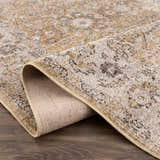Close-up of the Anana Gold & Beige Area Rug showing its traditional design, gold and light beige colors, and soft, textured pile. Fold