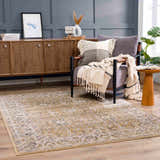 Living room scene with Anana Gold & Beige Area Rug, gray chair, wood cabinet, and blue accent wall. Roomscene-Rectangle