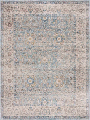 Close-up of the Anana Silver Blue & Beige Area Rug, featuring a traditional vintage design and soft, muted colors. Design-Rectangle-46