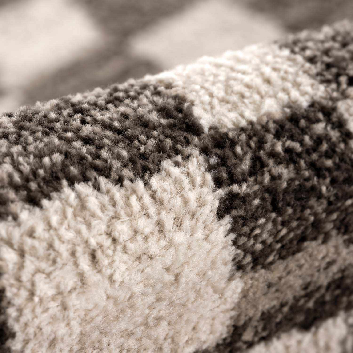 Close-up of the Benjy Cream & Charcoal Checkered Area Rug showing the texture and color of the checkered pattern. Fold
