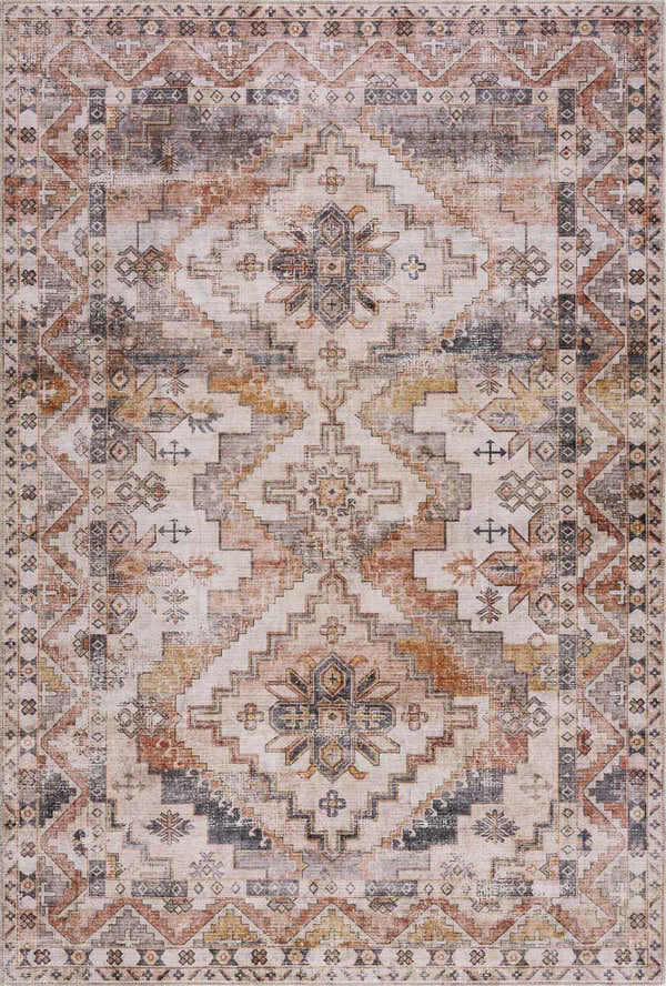 Detailed beige Isugod Washable Area Rug with brick red, brown, and black traditional Southwestern-style geometric pattern. Design-Rectangle-23