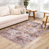 Living room scene with a beige couch and the Isugod Washable Area Rug in beige, brick red, and brown. Roomscene-Rectangle
