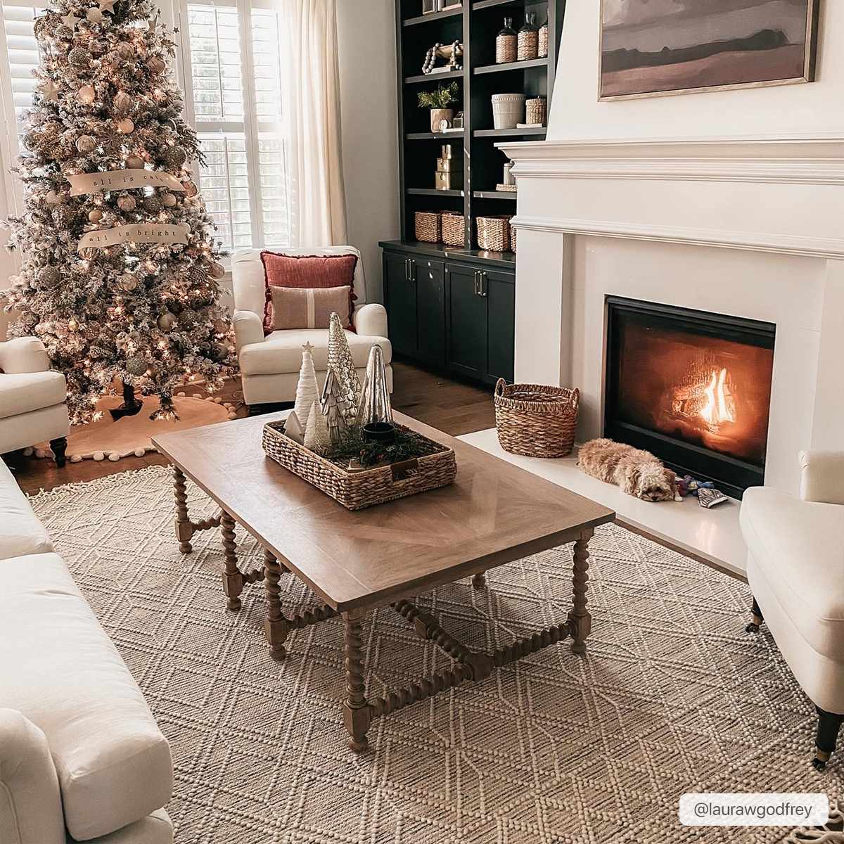 Living room scene with a Christmas tree and the ivory Ramsbury Wool Area Rug. Roomscene-Rectangle