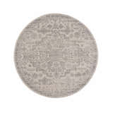 Close-up of round Tigried Ivory & Gray 2323 Area Rug. Bohemian style rug with traditional gray and ivory geometric pattern. Design-Round