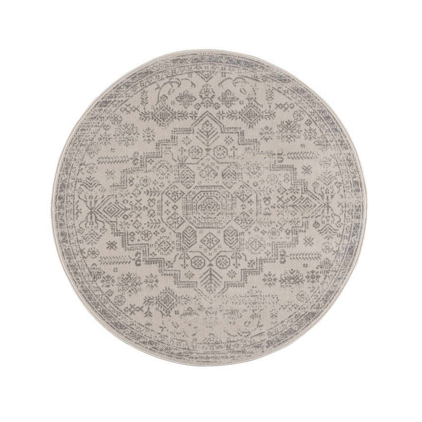 Close-up of round Tigried Ivory & Gray 2323 Area Rug. Bohemian style rug with traditional gray and ivory geometric pattern. Design-Round