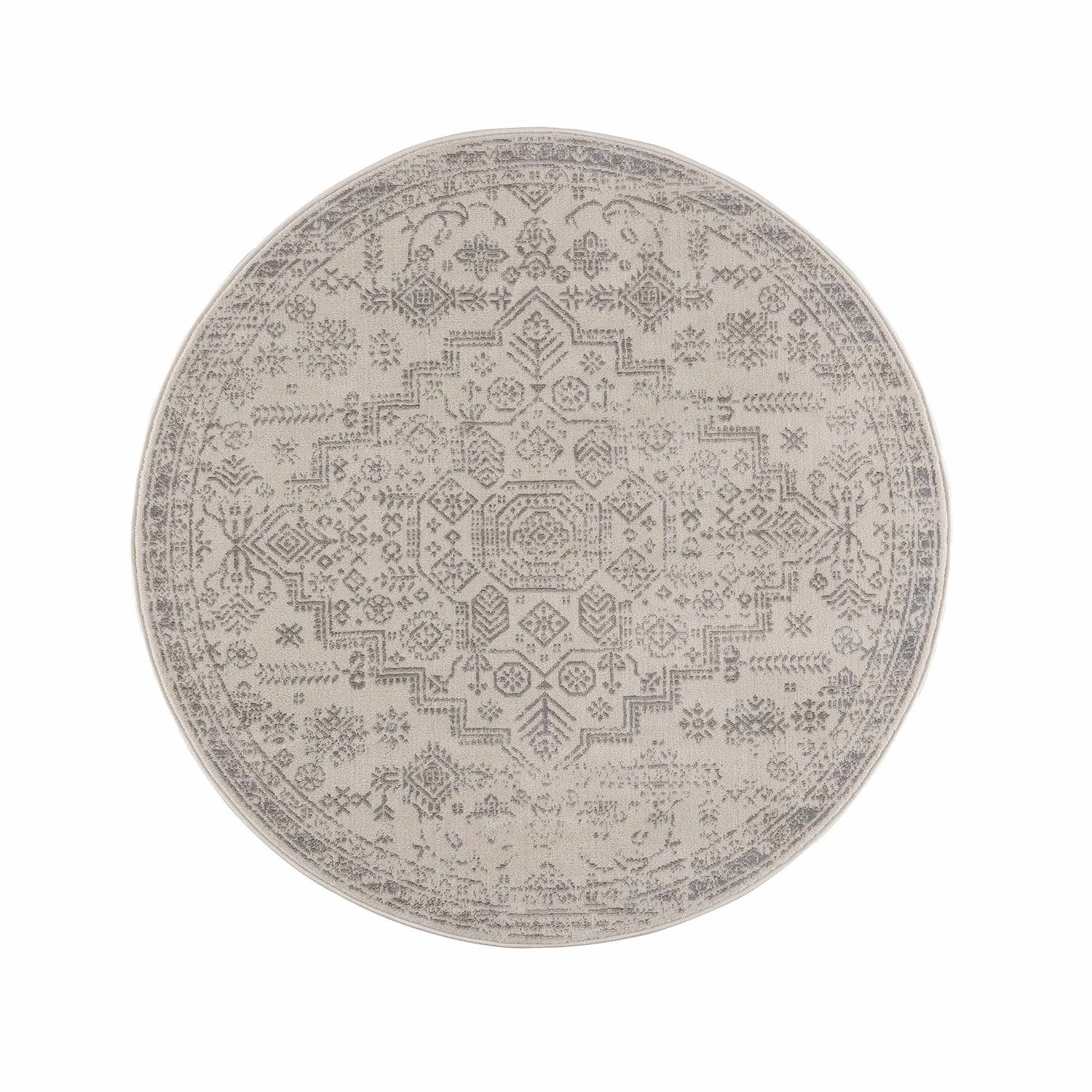 Close-up of round Tigried Ivory & Gray 2323 Area Rug. Bohemian style rug with traditional gray and ivory geometric pattern. Design-Round