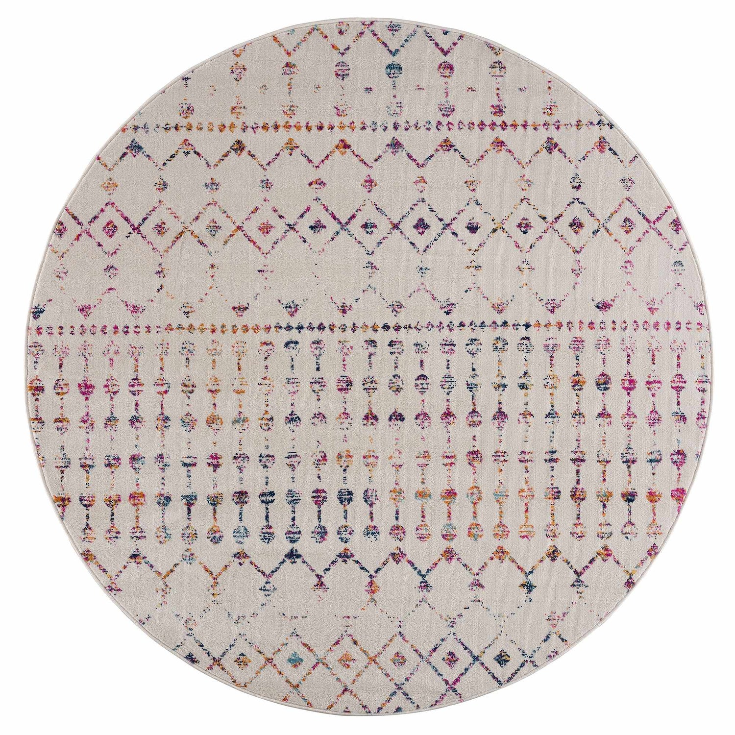 Round Tigrican Colorful 2333 area rug featuring a geometric Moroccan-inspired design in colorful, gray, and ivory hues. Design-Round
