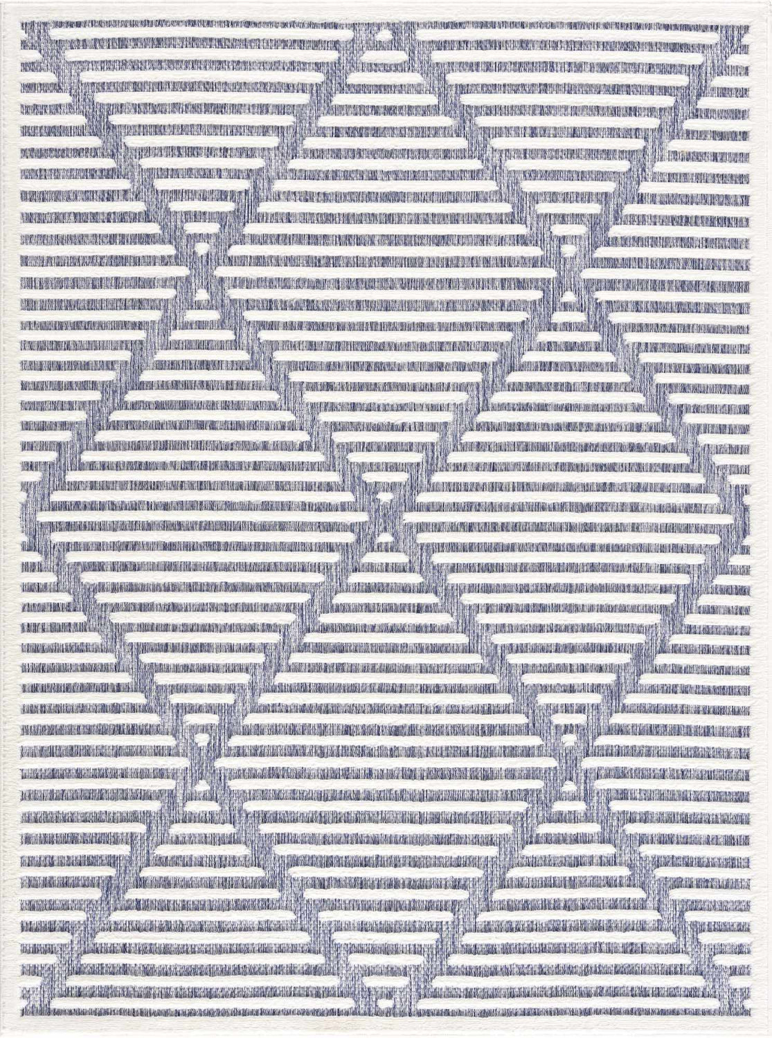 Close-up of the Anah Blue Outdoor Rug. Features a geometric diamond pattern in denim blue and off-white. Contemporary style. Design-Rectangle-537