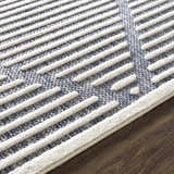 Close up of the Anah Blue Outdoor Rug showing the textured white stripes and blue woven background. Styleshot