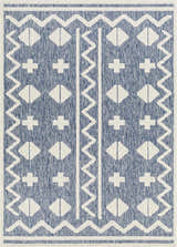 Close-up of Elio Blue Outdoor Rug featuring a geometric design in denim blue and white. Machine woven texture. Design-Rectangle-5373