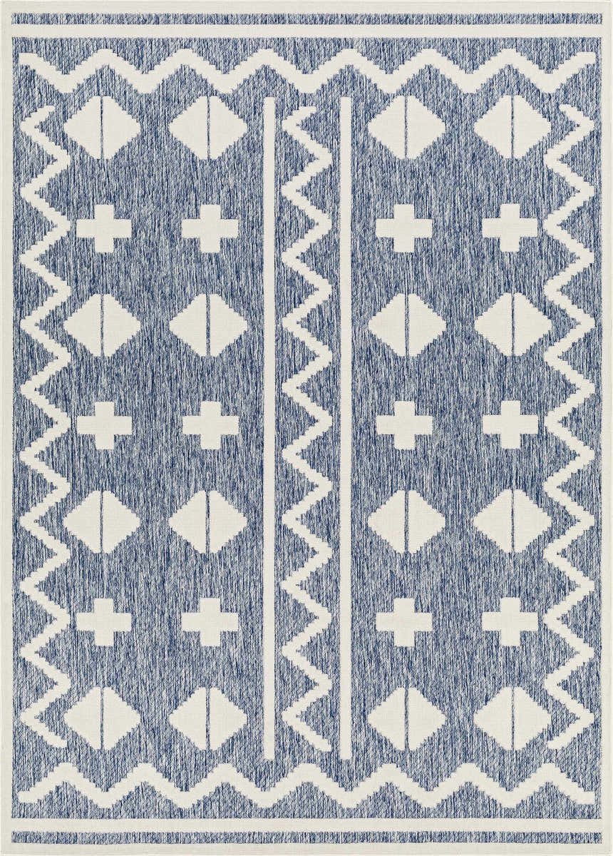 Close-up of Elio Blue Outdoor Rug featuring a geometric design in denim blue and white. Machine woven texture. Design-Rectangle-5373