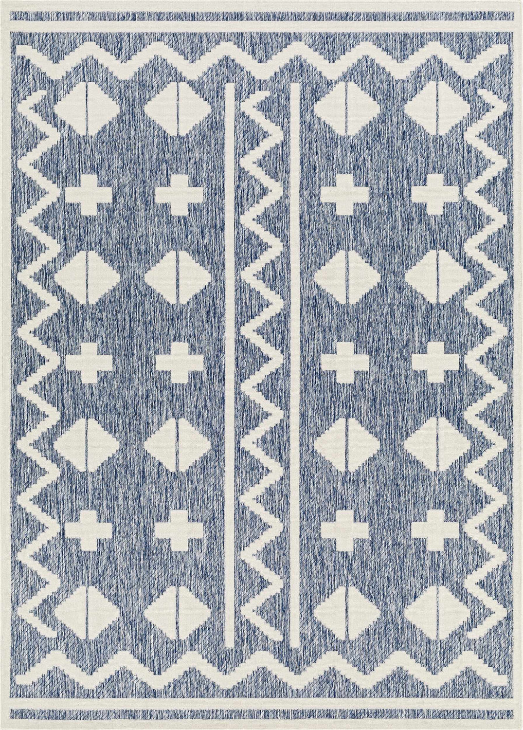 Close-up of Elio Blue Outdoor Rug featuring a geometric design in denim blue and white. Machine woven texture. Design-Rectangle-5373