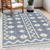Patio scene with the Elio Blue Outdoor Rug, wooden chair, and potted snake plant. Roomscene-Rectangle
