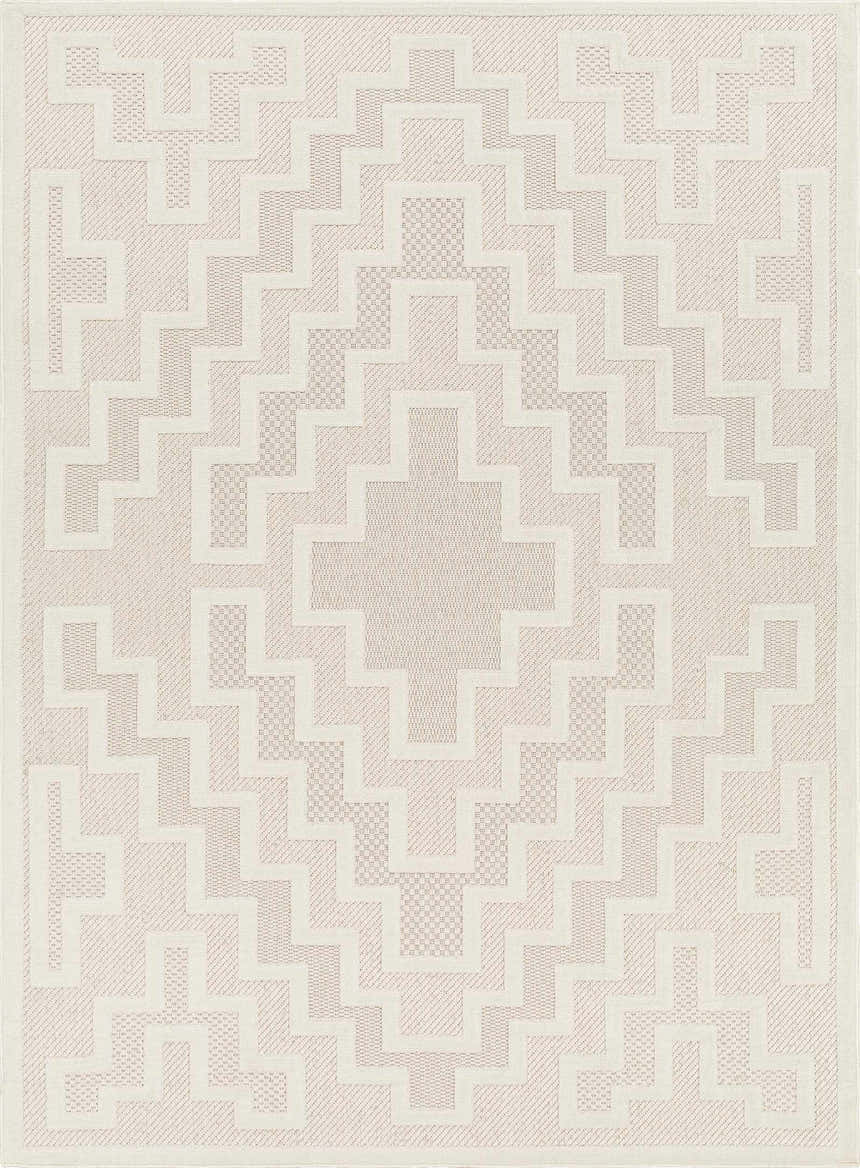 Close-up of the Diza Cream Outdoor Rug featuring a geometric pattern in bone, driftwood, gray, and nutmeg. Design-Rectangle-5373