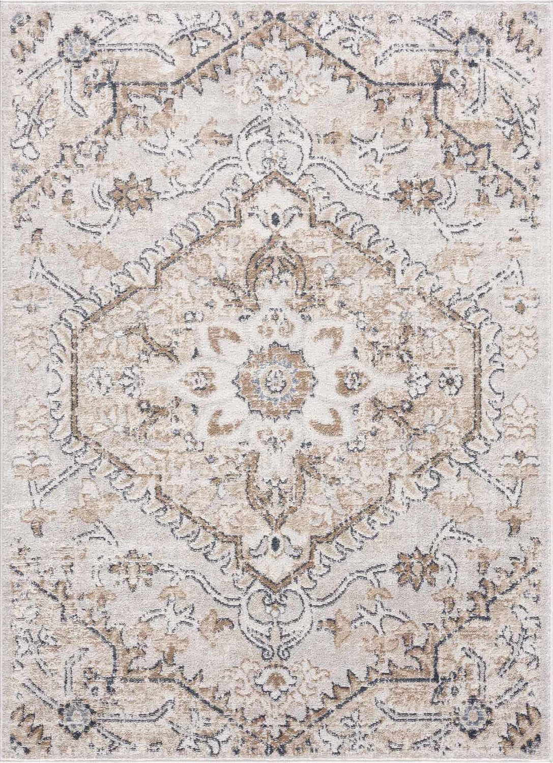 Close-up of the Mudgee Area Rug. Traditional oriental design in charcoal, cream, beige, gray, and tan. Machine woven texture. Design-Rectangle-527