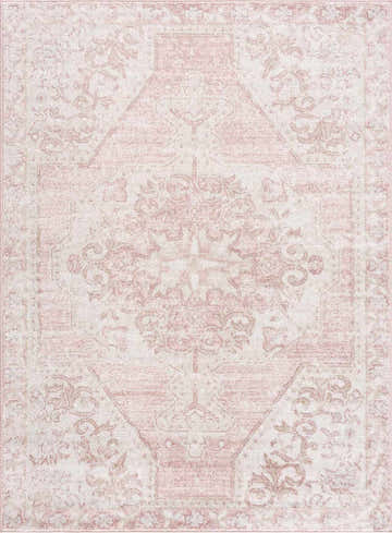 Close-up of the Snead Pink Floral Rug, a machine-woven rug with a light beige and pale pink oriental-inspired floral pattern. Design-Rectangle-527
