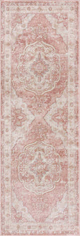 Close-up of the Kandos Blush & Light Pink Area Rug. Features a traditional, oriental pattern in pale pink, cream, and light beige. Design-Runner-2773
