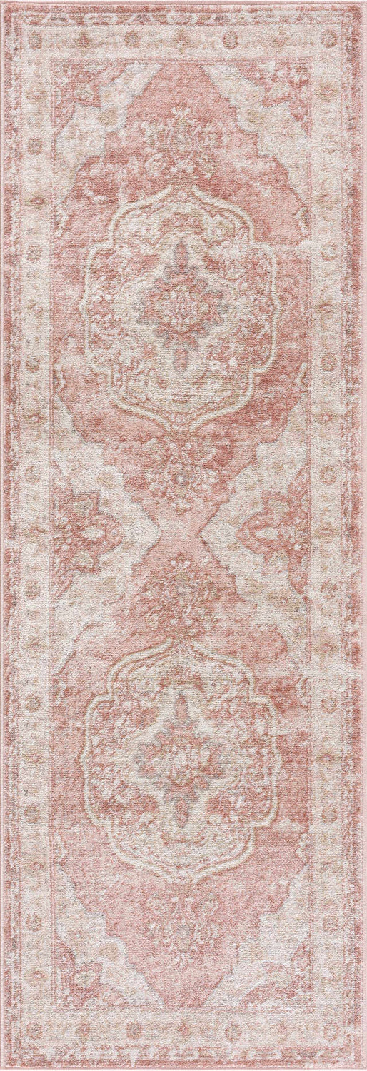 Close-up of the Kandos Blush & Light Pink Area Rug. Features a traditional, oriental pattern in pale pink, cream, and light beige. Design-Runner-2773