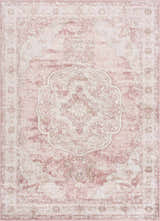 Close-up of the Kandos Blush & Light Pink Area Rug. Features a traditional oriental design in cream, beige, and pale pink tones. Design-Rectangle-527