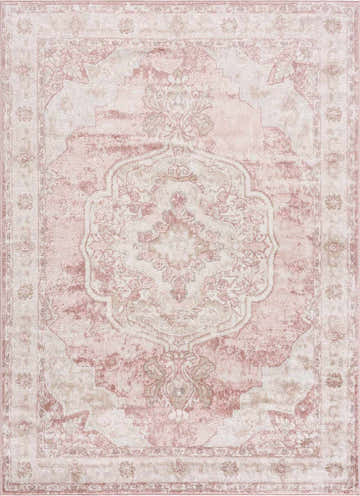 Close-up of the Kandos Blush & Light Pink Area Rug. Features a traditional oriental design in cream, beige, and pale pink tones. Design-Rectangle-527
