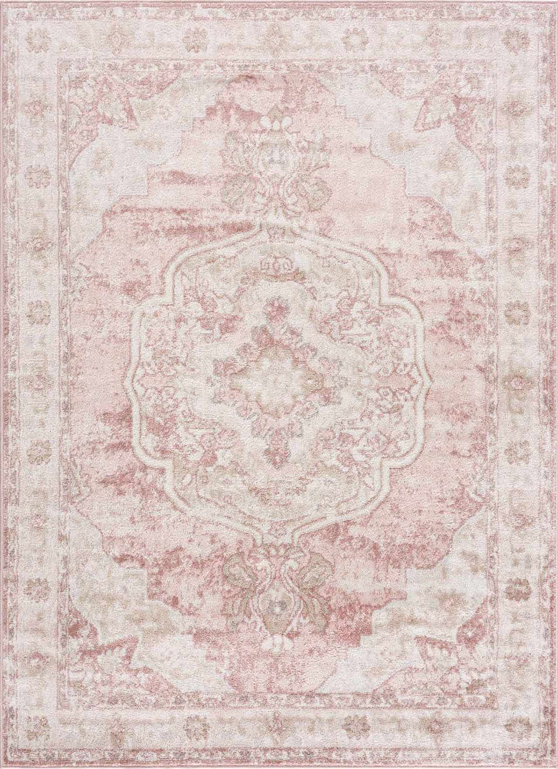 Close-up of the Kandos Blush & Light Pink Area Rug. Features a traditional oriental design in cream, beige, and pale pink tones. Design-Rectangle-527