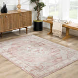 Living room scene with a Kandos Blush & Light Pink Area Rug, wood cabinet, bench, and light wood floors. Roomscene-Rectangle