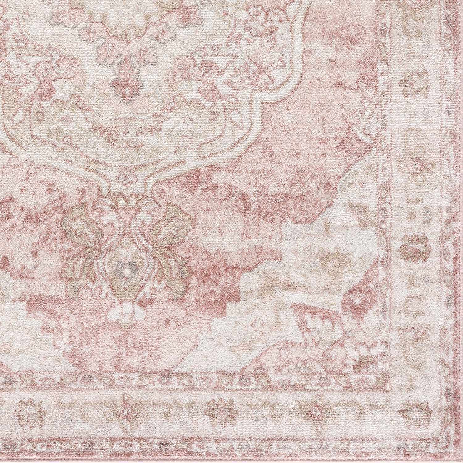 Close-up of the Kandos Blush & Light Pink Area Rug, showcasing its traditional floral pattern and soft, muted pink tones. Swatch