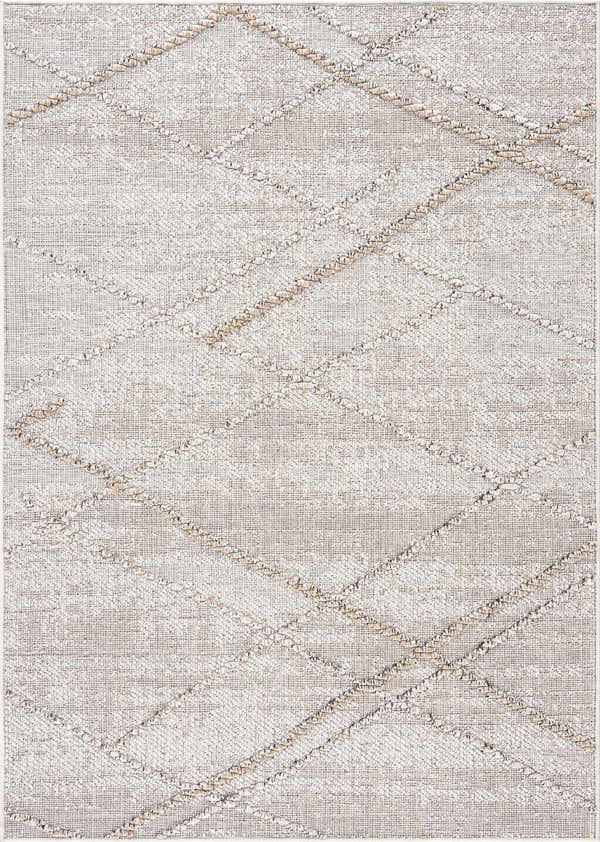 Close-up of Baqer Bone & Tan Textured Performance Rug, featuring a woven geometric pattern in neutral bone and tan hues. Design-Rectangle-46