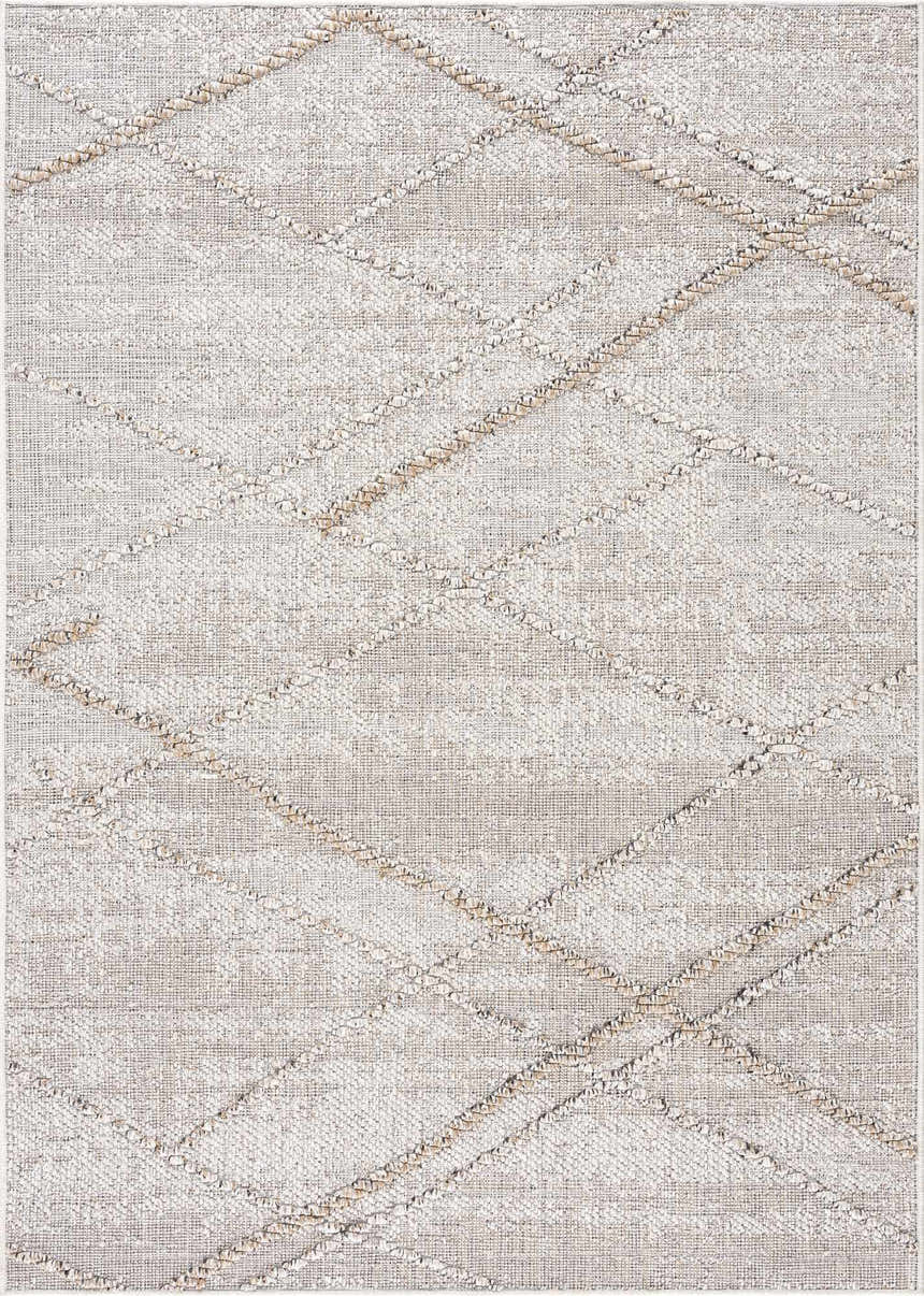 Close-up of Baqer Bone & Tan Textured Performance Rug, featuring a woven geometric pattern in neutral bone and tan hues. Design-Rectangle-46