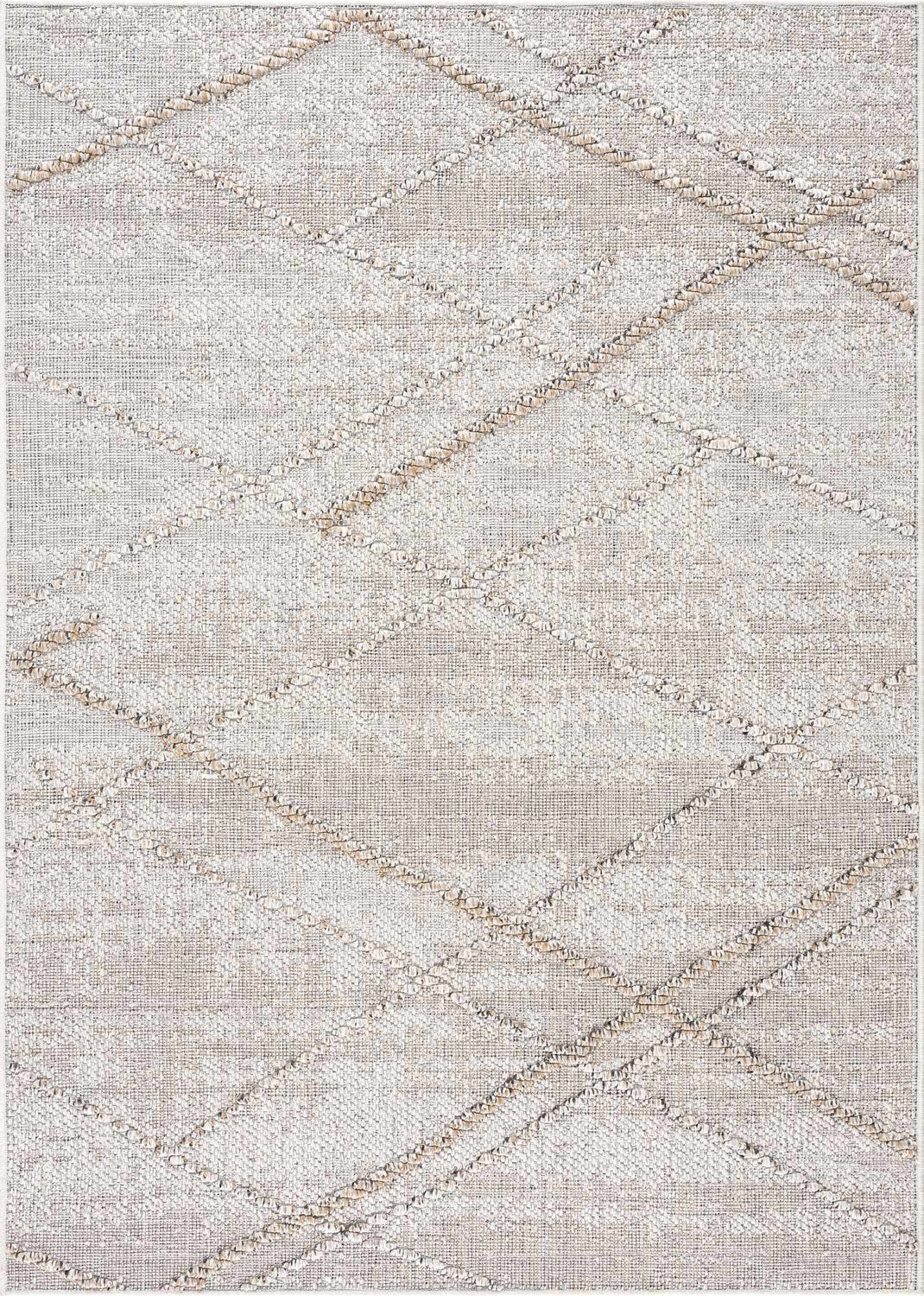 Close-up of Baqer Bone & Tan Textured Performance Rug, featuring a woven geometric pattern in neutral bone and tan hues. Design-Rectangle-46