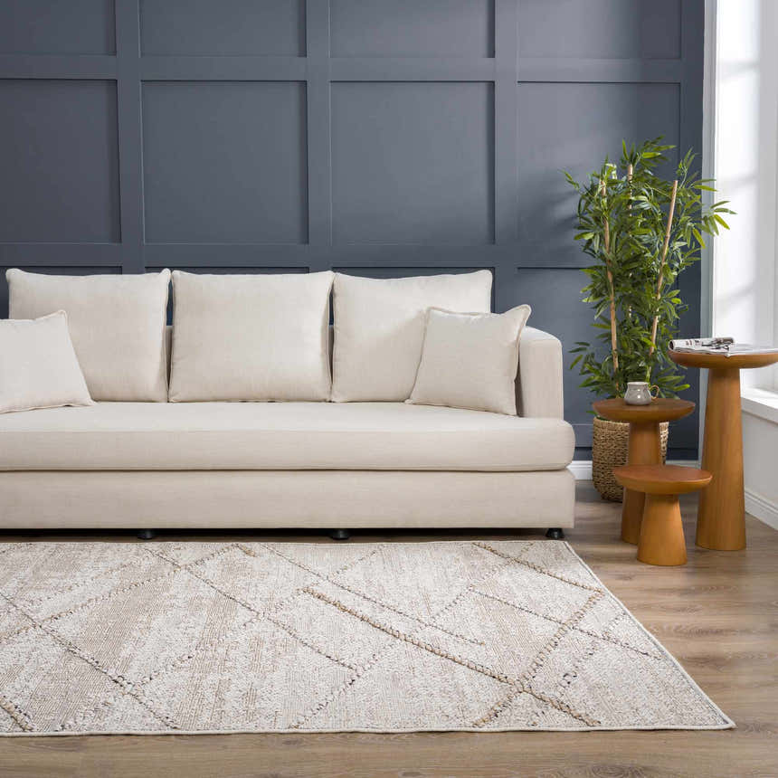 Living room scene with a Baqer Bone & Tan Textured Performance Rug, cream sofa, wood side tables, and dark blue accent wall. Roomscene-Rectangle