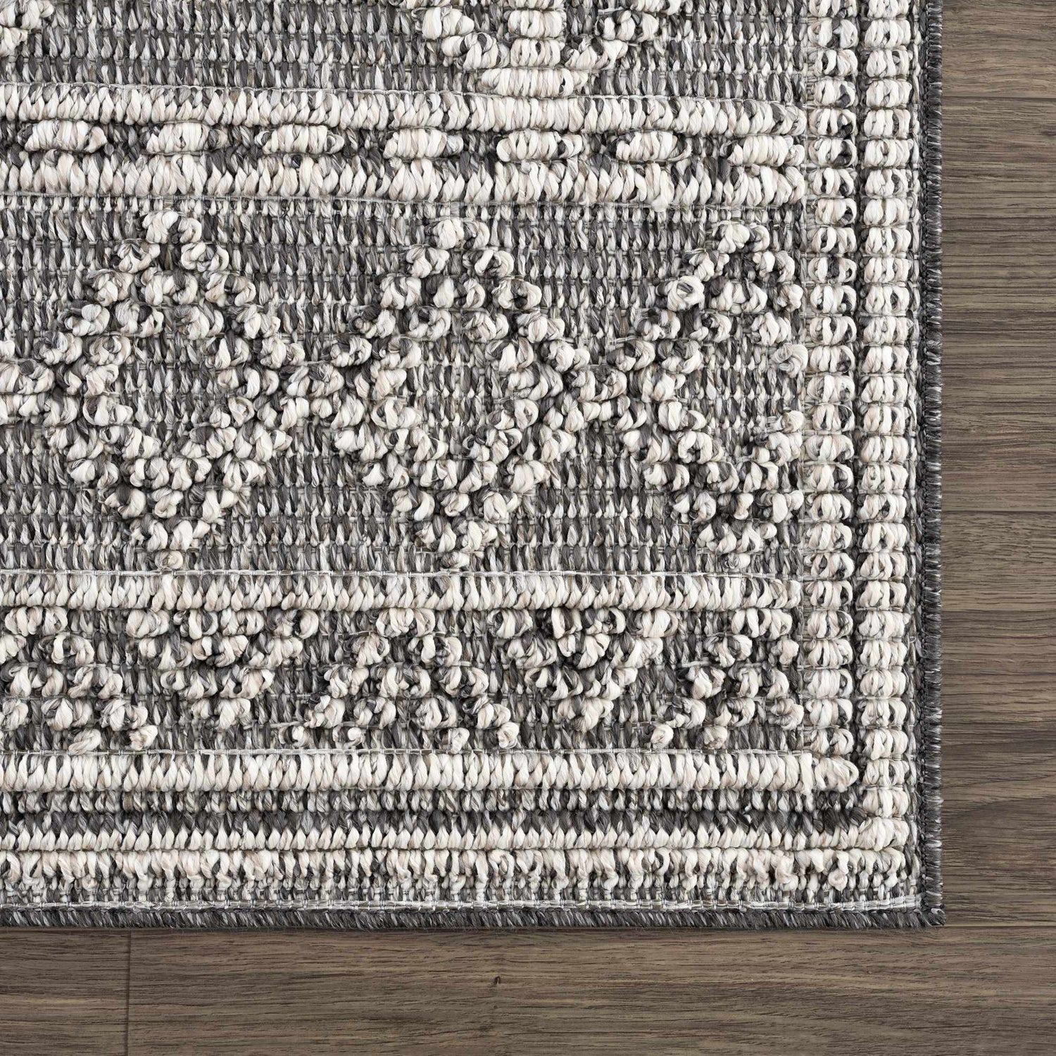 Close-up of the Diah Black & Bone Area Rug, showing its textured, looped design and black and bone color palette. Swatch