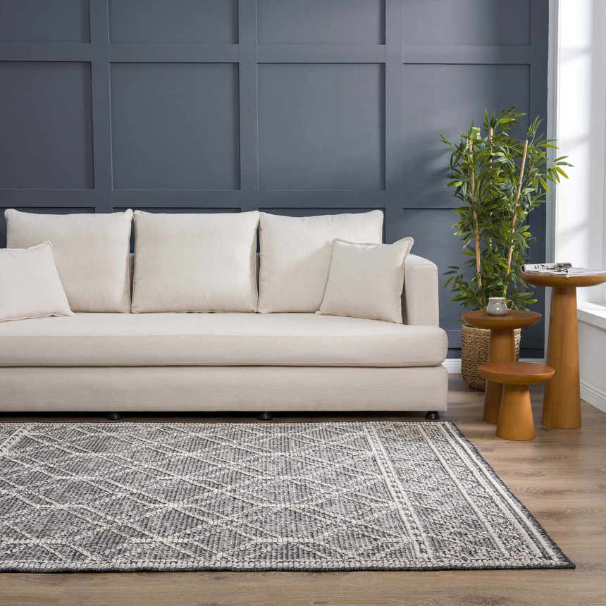 Living room scene with a Diah Black & Bone Area Rug, cream sofa, dark blue accent wall, and natural wood side tables. Roomscene-Rectangle