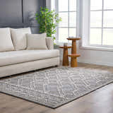 Living room scene with a Diah Black & Bone Area Rug, cream sofa, wood side tables, and a potted plant by a bright window. Roomscene-Rectangle